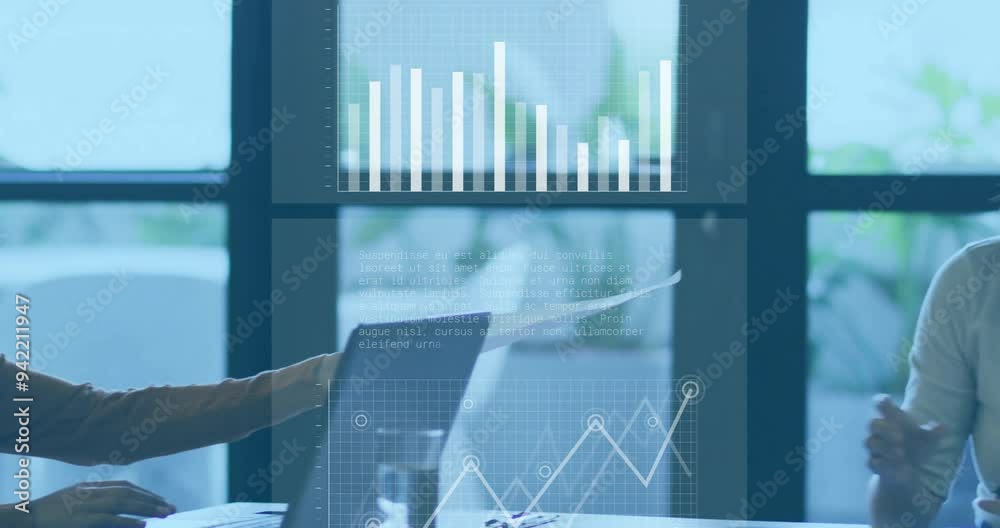 Canvas Prints Data analytics animation over business meeting with masked professionals discussing