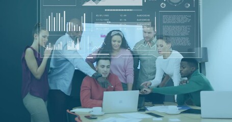 Business data analytics animation over diverse team collaborating in office meeting - Powered by Adobe
