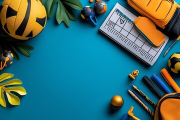 An energetic sports-themed image with school supplies like a volleyball-patterned pencil case, a scoreboard-inspired planner, and gym equipment-styled accessories