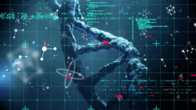 DNA strand and binary coding, processing scientific data in animation - Powered by Adobe
