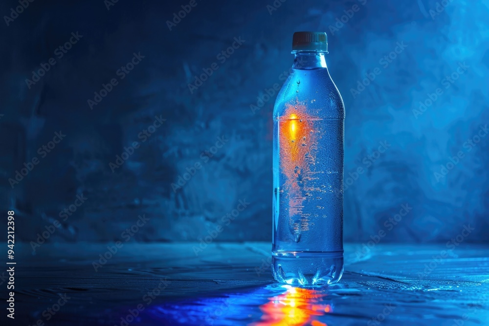 Poster A bottled water sitting on a table surface