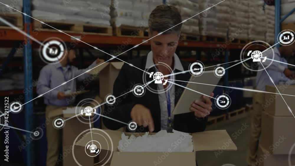 Poster handling packages, warehouse workers with network connections and data processing animation