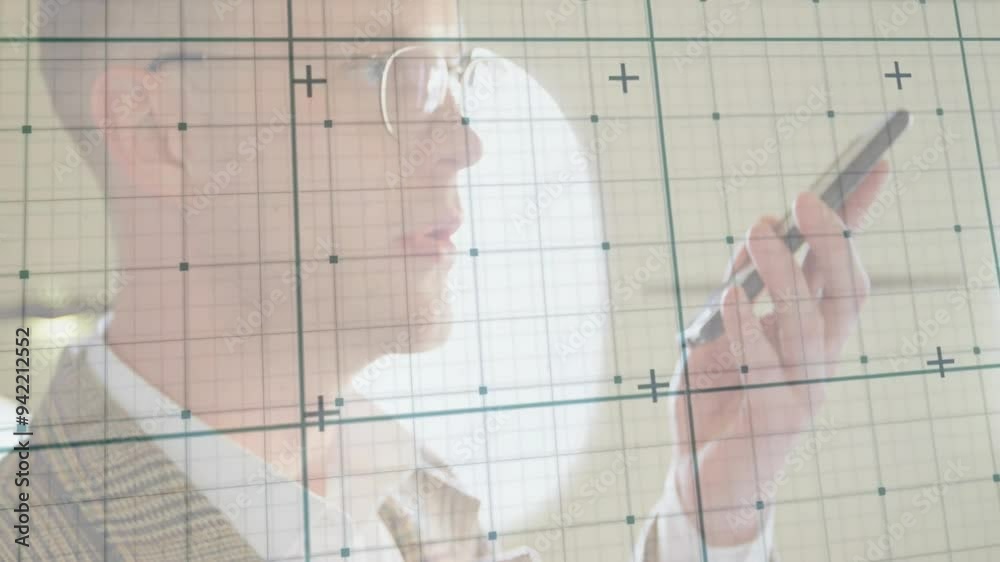 Poster using smartphone, man interacting with grid and data points animation