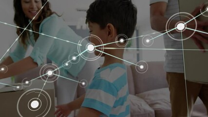 Network of connections and data processing animation over family in living room - Powered by Adobe