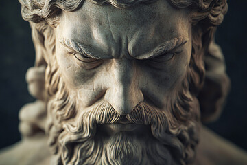 Obraz premium Stone Bust of a Bearded Man A detailed stone bust of a bearded man with deep-set, intense eyes, capturing an expression of stern focus