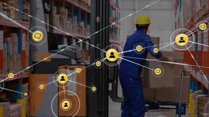 Moving boxes in warehouse, worker with network connections animation overlaid