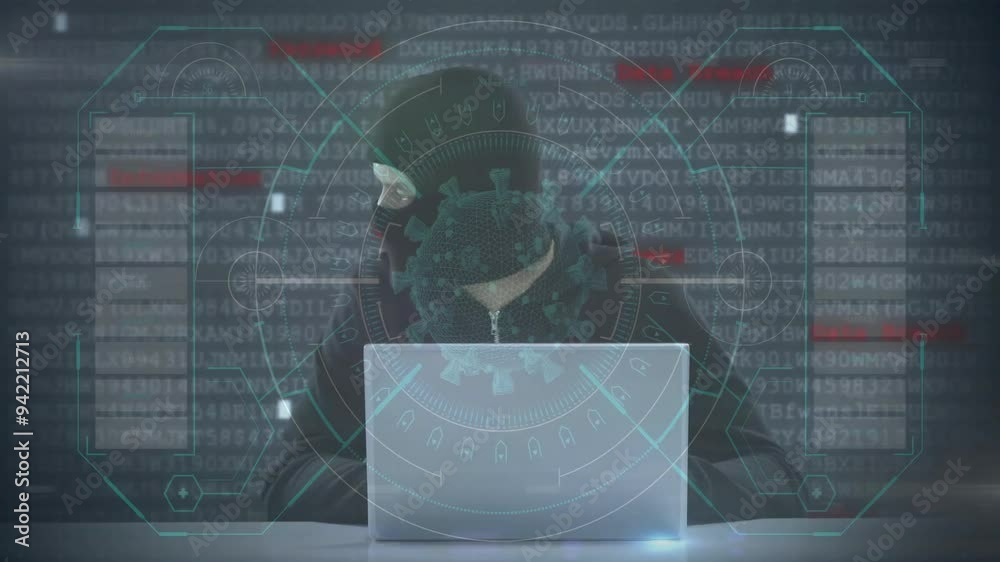 Aufkleber virus detection and cybersecurity animation over digital background with binary code