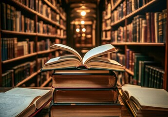 stack of books with an open book on top, set against the backdrop of a library or study room