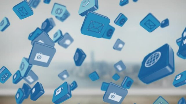 Animating blue social media icons over cityscape background - Powered by Adobe