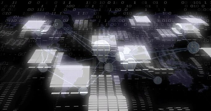 Animating global network connections and data transfer over world map and binary code