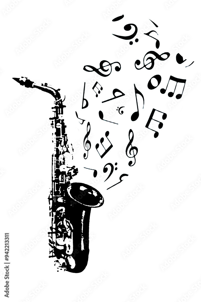 Wall mural silhouette saxophone wind musical instrument orchestra jazz play music vector image black