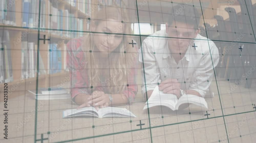 Poster grid and data points animation over students studying in library