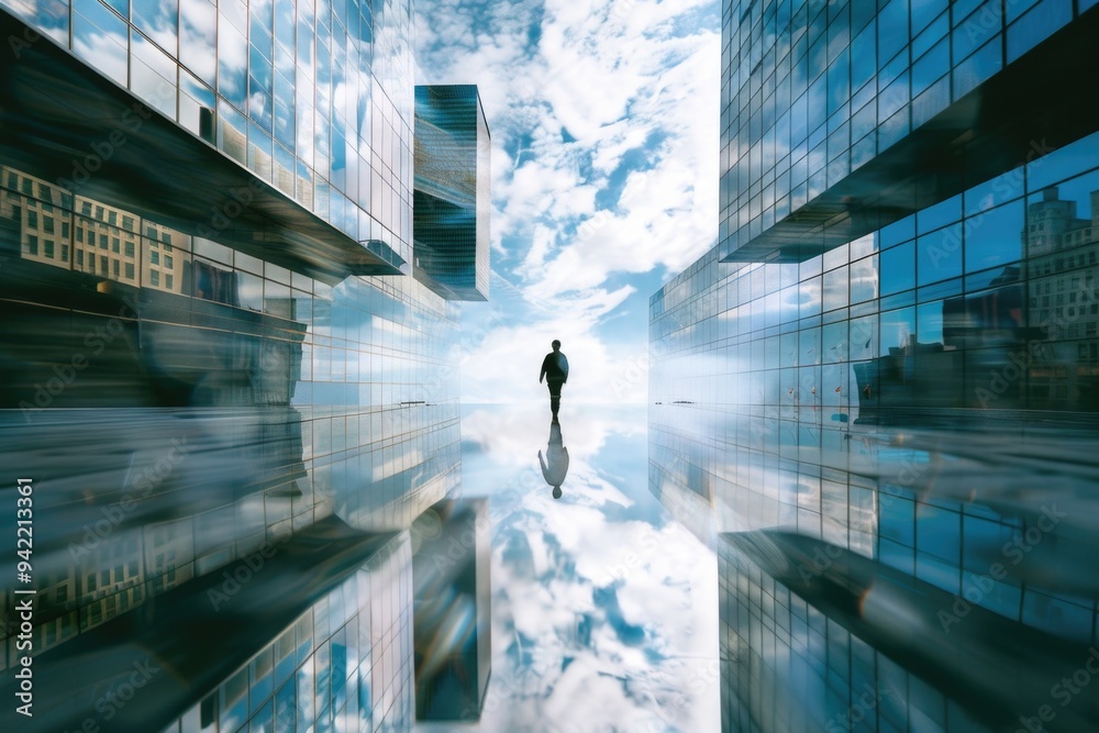 Canvas Prints A person walking through a urban landscape with tall buildings