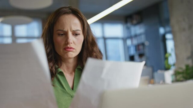 Confused businesswoman examining reports at table closeup. Ceo reacting mistake