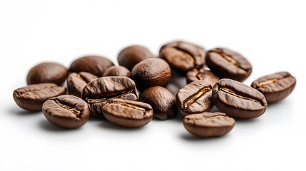 Close-up of roasted coffee beans arranged on a clean white background