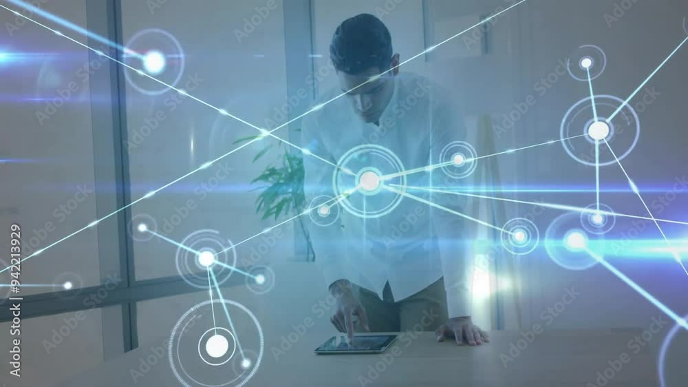 Poster network connections and data processing animation over man using tablet in office