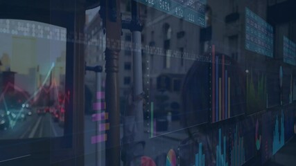 Bar and line charts animation over city street with people walking - Powered by Adobe