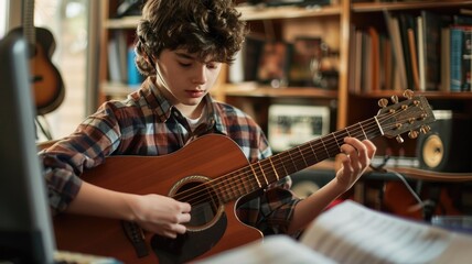 Fototapeta premium A student practicing the guitar, with music books and notes around them