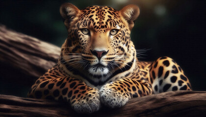 Obraz premium Close-up Leopard Leaning relaxed 3d rendering. Generative AI.