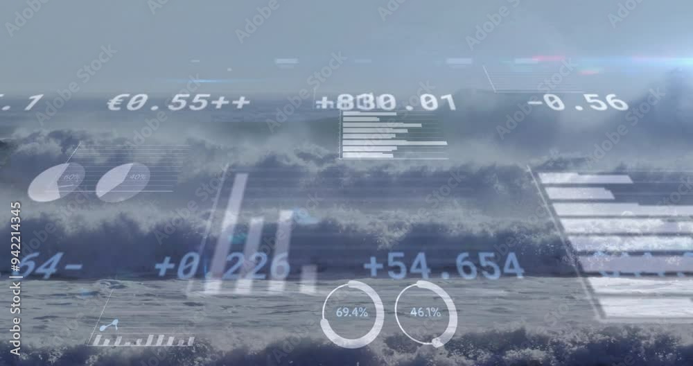 Poster animating financial data and statistics over ocean waves in dynamic visual display