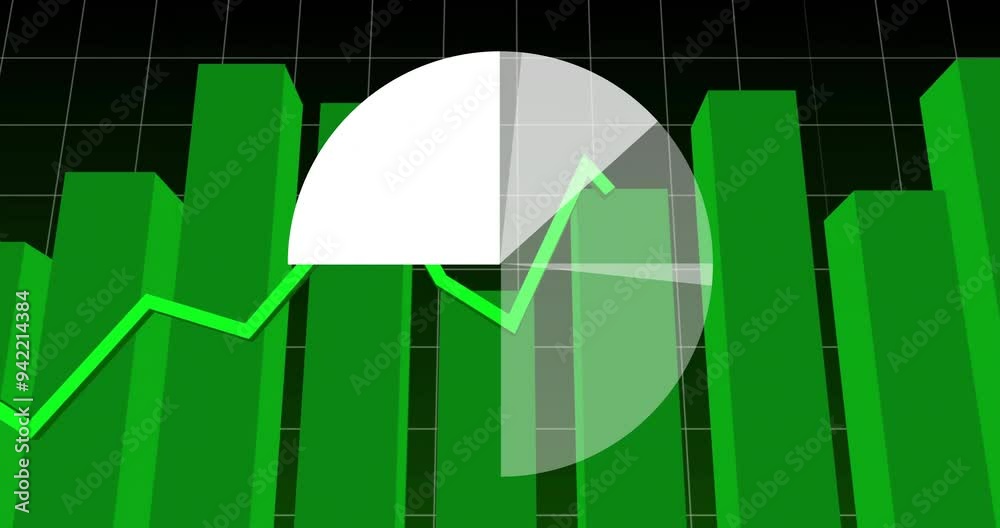 Poster green bar chart and line graph with pie chart animation overlay
