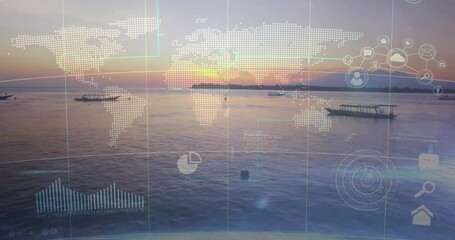 World map and data analytics animation over serene ocean sunset scene - Powered by Adobe