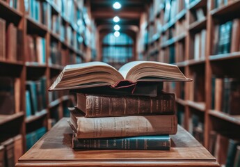 stack of books with an open book on top, set against the backdrop of a library or study room