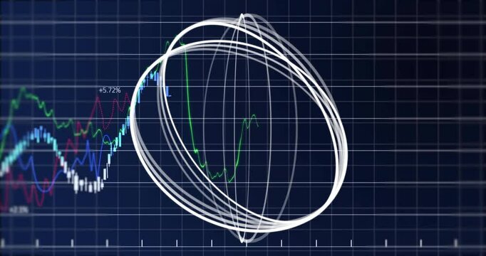 Stock market trends and data analysis animation over fluctuating graph lines