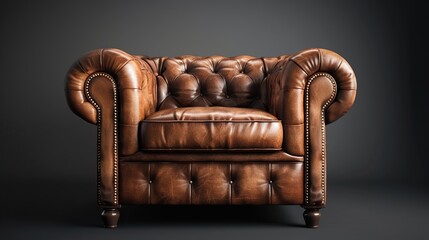 A brown leather armchair with a tufted design and nailhead trim.