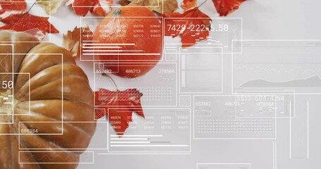 Processing financial data animation with autumn leaves and pumpkins in background - Powered by Adobe