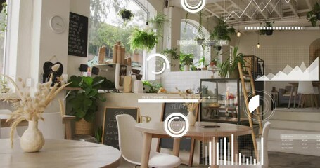 Animating data analytics and graphs over modern cafe interior - Powered by Adobe