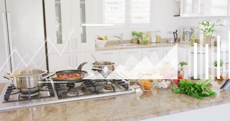 Cooking ingredients on kitchen counter with data visualization animation over - Powered by Adobe