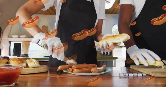 Preparing hot dogs, people in aprons and gloves with hot dog animation overlay