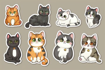 A collection of six colorful cat stickers