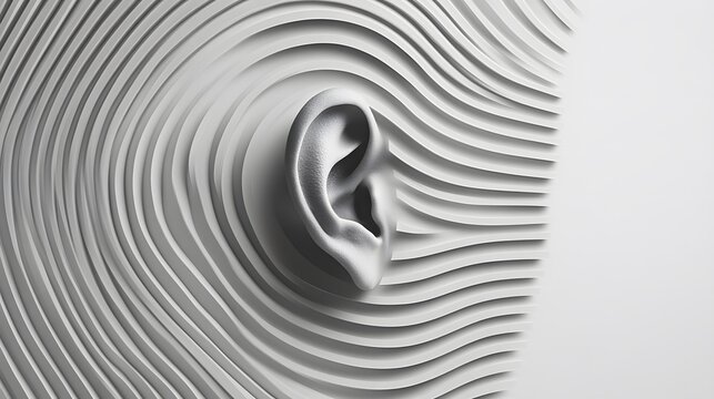 Human ear in abstract wave pattern design with smooth curves and monochromatic tones