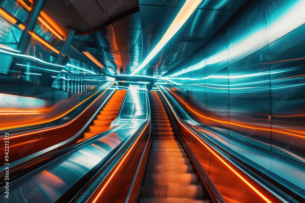 Poster escalator in a busy subway station at night with people moving up and down
