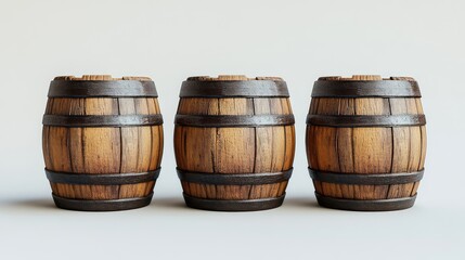 Fototapeta premium Three Wooden Barrels Isolated on Empty Background: High-Quality Rendering for Storage and Decorative Projects
