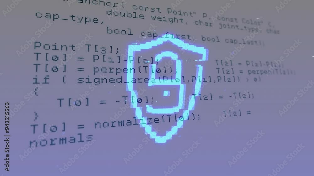 Poster lock and shield animation over computer code background for security