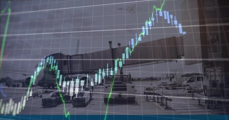 Stock market data animation over airport ground equipment and boarding bridge - Powered by Adobe