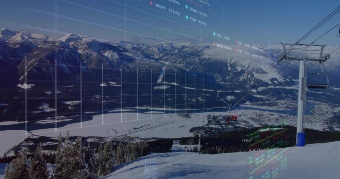 Financial data processing animation over snowy mountain landscape with ski lift