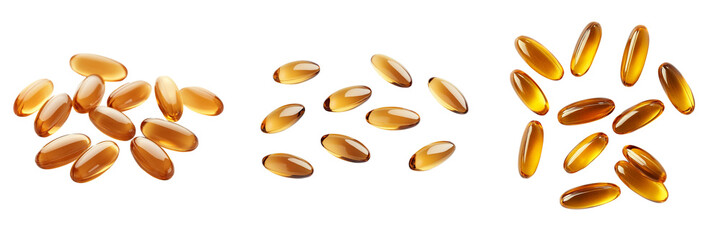 Set of A neatly arranged group of omega-3 fish oil pills isolated on transparent background