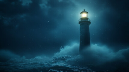 A lighthouse is lit up in the dark, with the waves crashing in the background