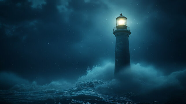 A lighthouse is lit up in the dark, with the waves crashing in the background