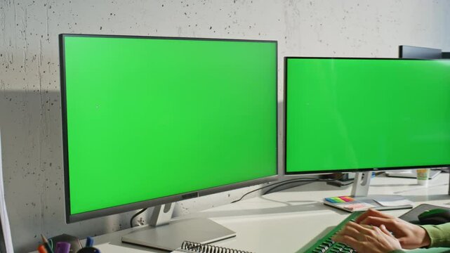 Two chromakey computers standing table in work room zoom out. Woman typing code
