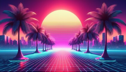 Naklejka premium sunset in the city with synthwave look