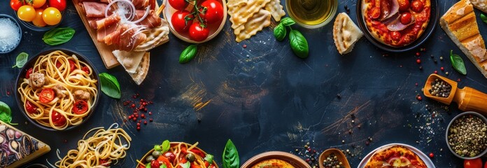 Italian Cuisine Feast: A Table Spread with Pasta, Pizza, and More