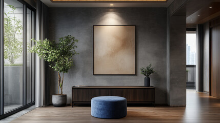 A large empty room with a blue ottoman and a potted plant