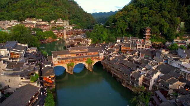 Traditional ancient chinese town of Fenghuang. Aerial view of architecture