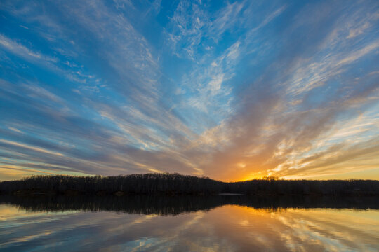 Sunset over lake, Stephen A. Forbes State Park, Marion County, Illinois.