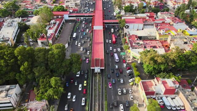 Traffic in Mexico City aerial view of the city subway